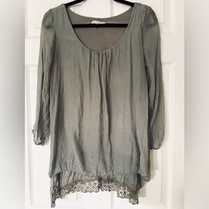 Prontomoda Giusy | Italian Silk Layered Lace Top | Sheer Sleeves | Gray / Taupe